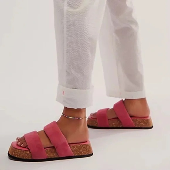 FREE PEOPLE Fairmount Watermelon Suede Flared Cork Platform Puffy Sandals - Picture 2 of 7